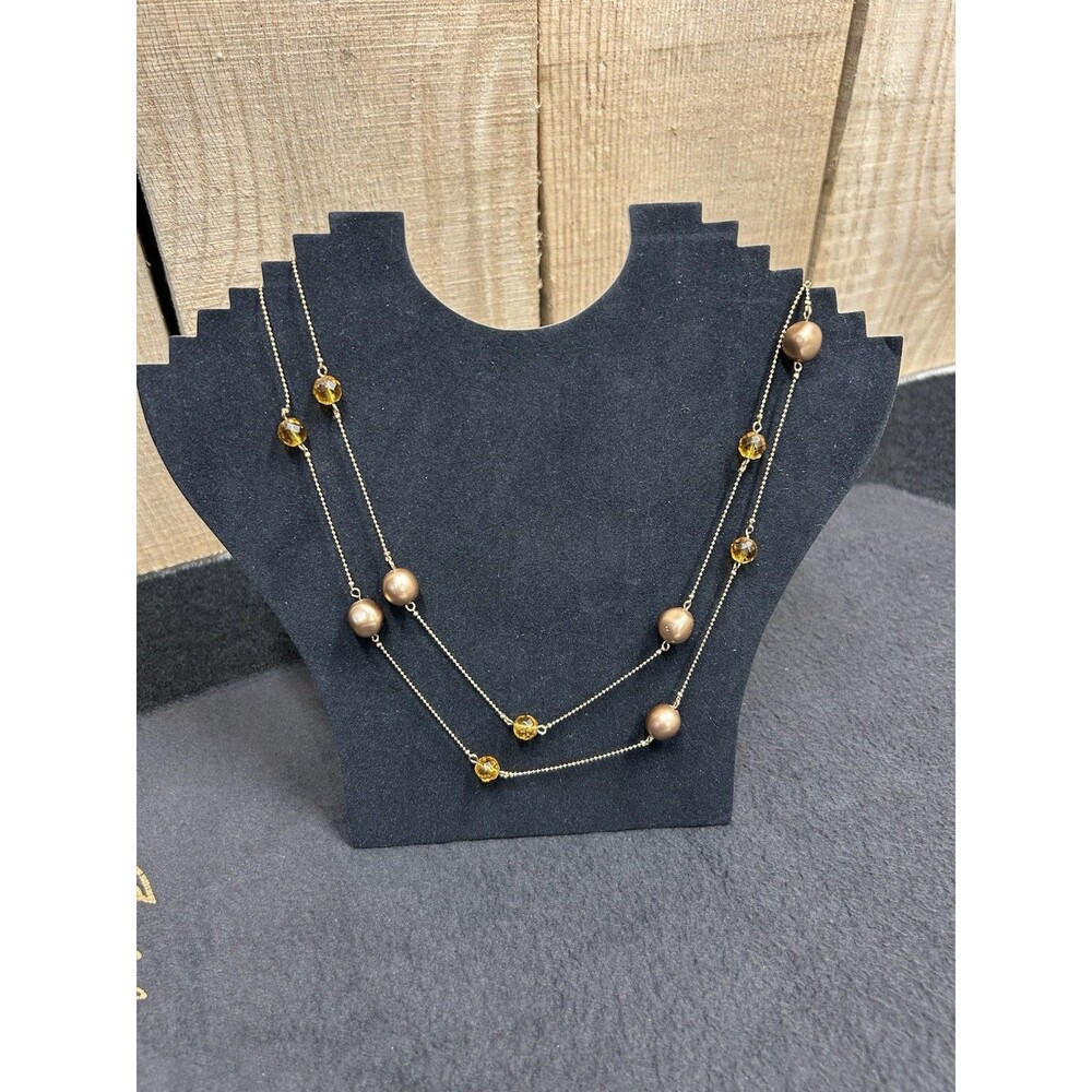 Park Lane Signed 60" Amber and Gold Pearl Beads Gold Tone Chain Necklace J183
